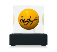 Palla da biliardo gialla autografata da Dennis Taylor, esposta in una teca.