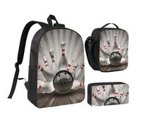 Palla da bowling Sport Vintage,Zaino per studenti, borsa per il pranzo, astuccio portapenne, set da 3 pezzi