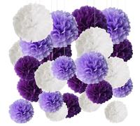 Palla di Fiori di Carta, 24 Pezzi Pompon di Carta Velina, Decorazione Pompon, Fiori di Carta Pom Pom di Carta Velina, 3 Volori e 3 Dimensioni per Decorazioni di Nozze, Viola, Viola Chiaro, Bianco