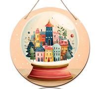 Palla di neve con scritta "Welcome", cartello di benvenuto per porta d'ingresso, fantasiose case colorate con alberi di pino, colori pastello, in legno, per esterni, portico e ingresso, set da 1 pezzo