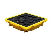 Pallet modulare di contenimento delle fuoriuscite con scarico per 14 tamburi, perfetto per impilare secchi di vernice, dimensioni compatte 490 x 360 x 100 mm, soluzione durevole e sicura