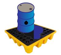 Pallet modulare di contenimento delle fuoriuscite, impilabile giallo e nero, vassoio da 1/2 tamburo con uscita di scarico, piattaforma di controllo delle fuoriuscite resistente (33 x 33 x 5,8 cm) per