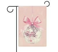 Pallina da discoteca con fiocco rosa nastro Coquette bandiera da giardino casa cortile esterno bandiera stagionale vacanza juta doppia faccia bandiera 30,5 x 45,7 cm