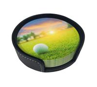 Pallina da golf verde stampata al tramonto,Set di 6 sottobicchieri rotondi, sottobicchieri in pelle PU con supporto per casa, ufficio, cucina
