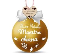 Pallina di Natale Oro Personalizzata per Maestra con Nome - Sfera 8 cm con Fiocco Rosso o Bianco e Tag Cuore in Legno per Dedica (Fiocchetto Bianco)