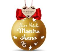 Pallina di Natale Oro Personalizzata per Maestra con Nome - Sfera 8 cm con Fiocco Rosso o Bianco e Tag Cuore in Legno per Dedica (Fiocchetto Rosso)