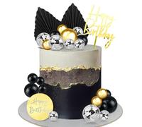 Palline Decorative per Torte 25 Pezzi Topper Torta Compleanno Happy Birthday Decorazioni Torta Compleanno Nero Oro Argento Palla per Cake Topper Cupcake, Muffin, Gelato, Frutta