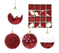 Palline di Natale in schiuma glitterata, 6 cm, confezione da 16 pezzi | Fiocchi di glitter vivaci, schiuma leggera, dimensioni 6 cm, set da 16 pezzi, rosso, rosa, oro, verde