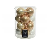 Palline di Natale in vetro da appendere 8 cm Perla, Caramello e Bianco. Set 16