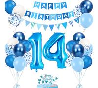 Palloncini 14 Anni Compleanno Blu, Decorazioni 14 Complean, Palloncini 14 Anni Set, Palloncini Foil 14, Palloncini Lattice Blu Bianco, Striscione Topper Torta per Addobbi Festa Ragazzo Ragazza