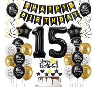 Palloncini 15 anni nero Neri oro, decorazione compleanno 15 anni ragazzo ragazza palloncini 15 anni ragazzo, palloncini foil 15, compleanno 15 anni ragazza decorazione torta 15 anni ragazzo Neri