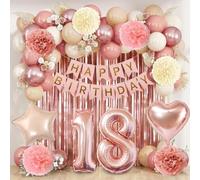 Palloncini 18 Anni Compleanno Bambina, Palloncini Compleanno Oro Rosa per Decorazioni Compleanno con Striscione Buon Compleanno, Palloncini Cuore Foil,Numero 18,Tende Metalliche Rosegold,Pompons Rosa