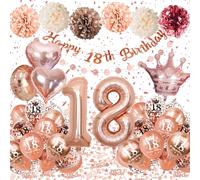 Palloncini 18 Anni Compleanno Oro Rosa, Decorazioni 18 Anni Ragazza con Palloncini Compleanno Numero 18 Cuori e Corone, Striscione Happy 18th Birthday,Pompon di Carta, 18 Anni Decorazioni Festa