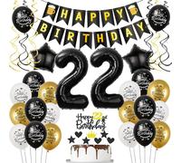 Palloncini 22 Anni Nero Oro - Decorazione Compleanno per Donna e Uomo - Palloncini Foil e Decorazione Torta Neri