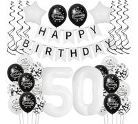 Palloncini 50 anni compleanno Neri Bianco, decorazione compleanno 50 anni donna uomo, palloncini Neri decorazione 50 anni compleanno donna,decorazione torta 50 anni compleanno deco Bianco
