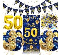 Palloncini 50 Anni Compleanno Uomo,Decorazioni Compleanno 50 anni Bleu Oro,50 Striscione di Compleanno,50 Anni Compleanno Coriandoli,50 Feste di Compleanno Sfondo Fotografico di Tessuto Uomo Donna