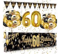 Palloncini 60 Anni Compleanno per Uomini e Donne, Oro Nero Happy 60th Birthday Striscione Oro Nero Palloncini con Coriandoli Fuochi D'artificio Striscione Bandiera Triangolare