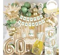 Palloncini 60 Anni Donna Compleanno Articoli per Feste in Verde e Oro, Set Comprendente Palloncini 60 Anni, Striscioni, Corona Compleanno, Tenda a Fili Metallizzati e Scatola Cubo Decorativa