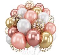 Palloncini a coriandoli in oro rosa, 60 confezioni da 30,5 cm, in oro rosa metallizzato e oro cromato, con nastro, per ragazze, donne, compleanni, matrimoni, anniversari, baby shower