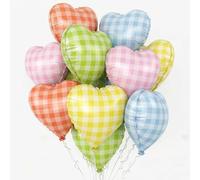 Palloncini a forma di cuore a scacchi pastello, 45,7 cm, rosa chiaro, blu, giallo, verde, rosso, arcobaleno, a forma di cuore, 10 palloncini a elio a griglia colorata per compleanno retrò Y2K festa a