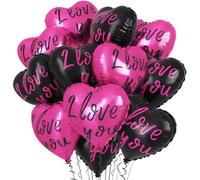 Palloncini a forma di cuore rosa acceso, 12 palloncini a forma di cuore in lamina nera e rosa, 45,7 cm, con scritta "I Love You", per San Valentino, matrimoni, fidanzamenti, addio al nubilato,