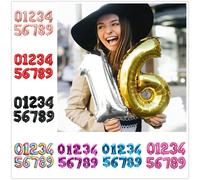 Palloncini a forma di numeri da 0 a 9 da 16 pollici, nei colori oro, argento, oro rosa, rosa, blu, nero e rosso. Palloncini in film metallico autosigillante in poliestere e alluminio, adatti per decor