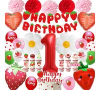 Palloncini alla fragola, decorazione per il 1° compleanno, per ragazze - fragole, decorazione Happy Birthday Banner e palloncino rosso in pellicola, numero 1, fragola, margherita, palloncini