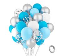 Palloncini blu, bianco, argento, 60 pezzi, 30 cm, blu macaron, con coriandoli argentati, in lattice, 1 rotolo, in argento, per compleanno, battesimo, baby shower, decorazione per ragazzi