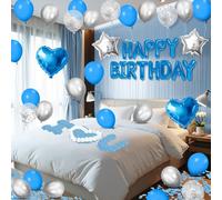 Palloncini blu di buon compleanno decorazioni azzurro argento palloncino lettere banner con stella cuore palloncini 1000 pezzi petali di rosa artificiali 24 candele LED senza fiamma per forniture per