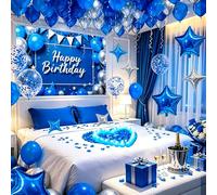 Palloncini blu di buon compleanno decorazioni blu reale argento palloncini di compleanno sfondo 6 palloncini a stella 1000 petali di rosa artificiali 24 candele LED senza fiamma per camera da letto