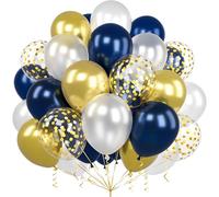 Palloncini blu oro, 60 pezzi da 12 pollici, blu marino, bianco, con coriandoli metallizzati cromati, oro, in lattice, per ragazzi, uomini, compleanni, matrimoni, baby shower, laurea, anniversari