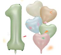 Palloncini Compleanno 1 Anno,101 cm Palloncino Numero 1 Verde,5 Palloncini a Forma Di Cuore Colorato,Decorazioni Compleanno 1 Anno,per Compleanno, Festa, Battesimo,Anniversario