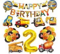 Palloncini Compleanno 2 Anni Escavatori Set, Costruzione a Tema Decorazione, Palloncini Compleanno Escavatore, Scavatrice Bulldozer Palloncini in Foil per Bambini Ragazzo Festa di Compleanno
