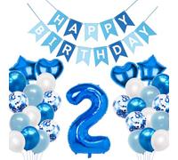 Palloncini Compleanno 2 Blu, 2° Compleanno Decorazione per Ragazzo | Palloncino gigante in pellicola per 2 anni, striscione con scritta "Happy Birthday", a forma di cuore, stelle