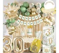 Palloncini Compleanno 30 Anni Donna Articoli per Feste in Verde e Oro, Set Comprendente Palloncini 30 Anni, Striscioni, Corona Compleanno, Tenda a Fili Metallizzati e Scatola Cubo Decorativa