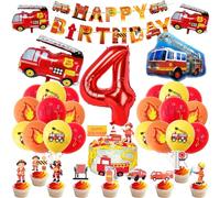 Palloncini Compleanno 4 Camion dei Pompieri, Decorazioni Pompiere per Torta e Addobbi, Bambino 4 Anni