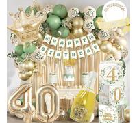 Palloncini Compleanno 40 Anni Donna Articoli per Feste in Verde e Oro, Set Comprendente Palloncini 40 Anni, Striscioni, Corona Compleanno, Tenda a Fili Metallizzati e Scatola Cubo Decorativa