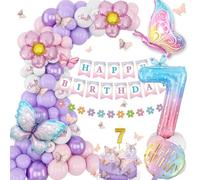 Palloncini Compleanno 7 Anni，Palloni Viola Rosa, Decorazioni Compleanno 7 Anno, Set Con Palloni di Foglio Farfalla, Banner Di Buon, Numero 7 Palloncino, Adesivi Farfalla