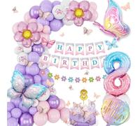 Palloncini Compleanno 8 Anni，Palloni Viola Rosa, Decorazioni Compleanno 8 Anno, Set Con Palloni di Foglio Farfalla, Banner Di Buon, Numero 8 Palloncino, Adesivi Farfalla