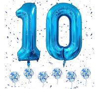 Palloncini Compleanno Numero 10 Blu, 40 Pollici Grandi Palloncini Numeri Elio con 6Pz Palloncini Coriandoli Blu per 10 Ragazzi Ragazze Compleanno Anniversario Decorazioni Festa