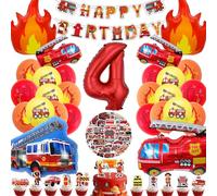 Palloncini Compleanno Vigili del Fuoco 4 Anni, Kit Decorazioni Tema Pompieri, Striscione Happy Birthday, Set Compleanno Bambino Maschietto, Adesivi e Torta Pompiere (Addobbi Pompieri 4 Anni)