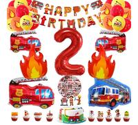 Palloncini Compleanno Vigili del Fuoco, Palloncini Compleanno Camion dei Pompieri 2 Anni, Set Pompiere Tema Decorazione, con striscione Happy Birthday, palloncino con fiamma e decorazione per torte
