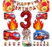 Palloncini Compleanno Vigili del Fuoco, Palloncini Compleanno Camion dei Pompieri 3 Anni, Set Pompiere Tema Decorazione, con striscione Happy Birthday, palloncino con fiamma e decorazione per torte
