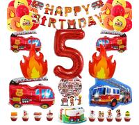 Palloncini Compleanno Vigili del Fuoco, Palloncini Compleanno Camion dei Pompieri 5 Anni, Set Pompiere Tema Decorazione, con striscione Happy Birthday, palloncino con fiamma e decorazione per torte