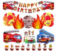 Palloncini Compleanno Vigili del Fuoco, Palloncini Compleanno Camion dei Pompieri, Set Pompiere Tema Decorazione, con striscione Happy Birthday, palloncino con fiamma e decorazione per torte (M1)