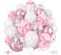 Palloncini con fiocco rosa, 60 palloncini da 30,5 cm rosa chiaro bianco perla, palloncini stampati con fiocco, palloncini metallizzati per ragazze, donne, principessa, compleanno, baby shower, addio