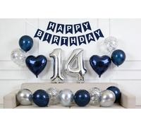 Palloncini decorativi per festa di 14° compleanno, per ragazzi, argento metallizzato, blu, numero 14, coriandoli a forma di cuore, palloncini per compleanno per ragazzi, lui, figlio, festa di 14 anni