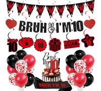 Palloncini decorativi per il 10° compleanno per ragazzi, 28 pezzi, rosso e nero, Bruh I'M 10 striscioni a spirale da appendere, coriandoli, palloncini, fascia per torta per bambini e ragazzi di 10