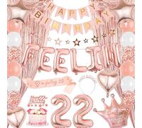 Palloncini decorativi per il 22° compleanno per lei, set di decorazioni per festone di buon compleanno con tende con frangia in alluminio, topper per torta in oro rosa da appendere ghirlanda a stella