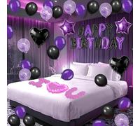 Palloncini di buon compleanno neri e viola decorazioni per palloncini di compleanno nero e viola Banner con stelle e cuori palloncini petali di rosa artificiali 24 candele LED senza fiamma per